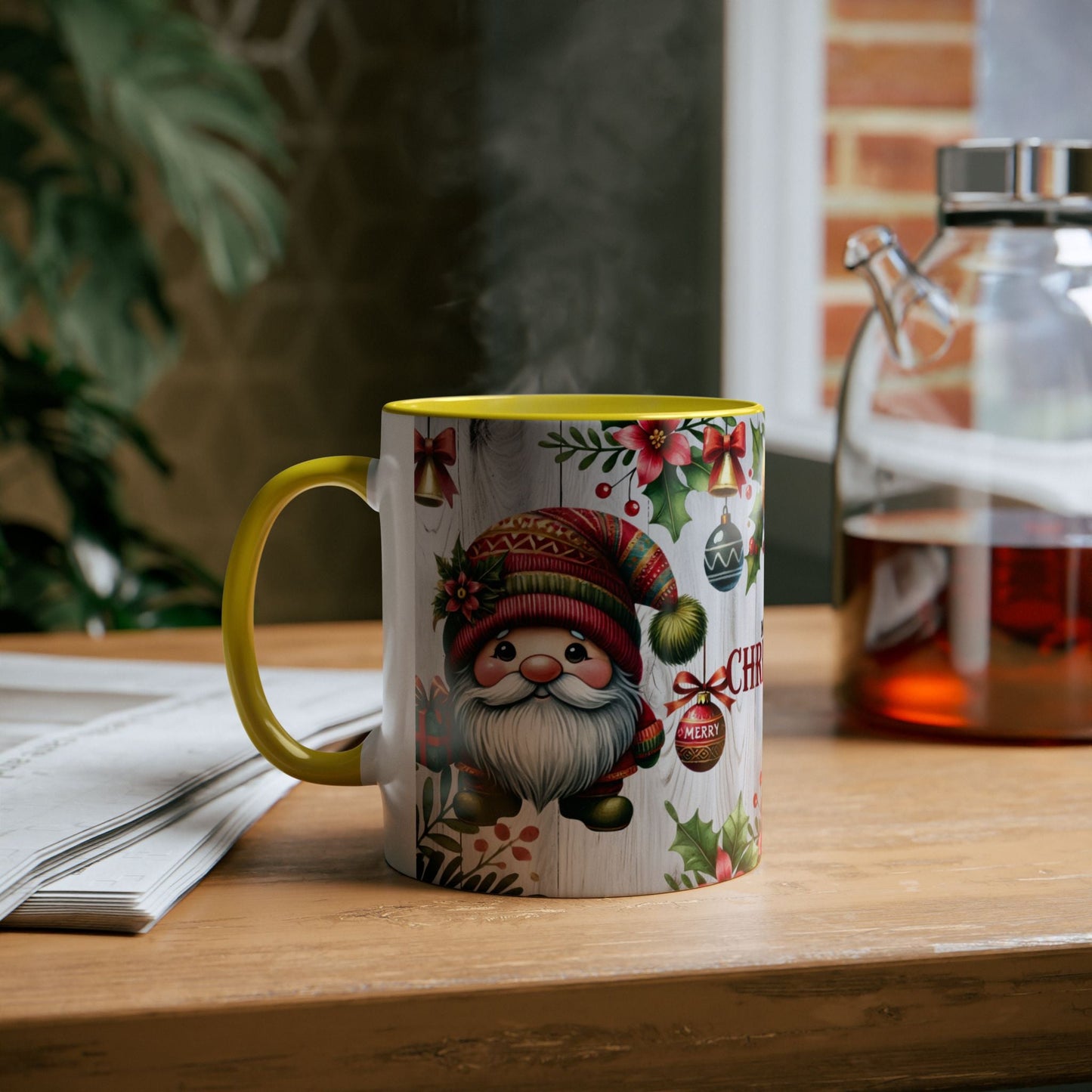 Festive Two-Tone Coffee Mug - Merry Christmas Gnome Design, 11oz