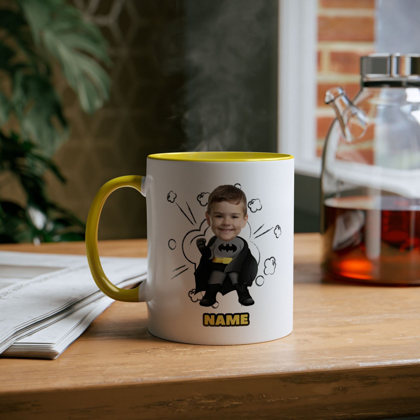 Personalied Superhero Mug for Kids - Custom Name & Fun Batman Design Your Photo Face Caricature