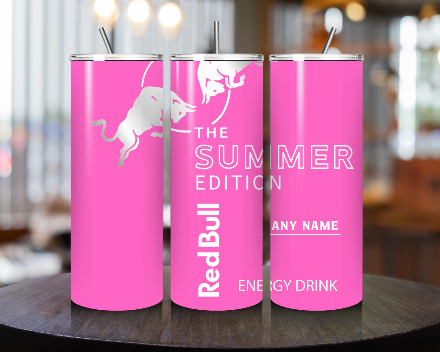 Personalised Pink R Bull Energy Drink-Inspired Summer Edition 20oz Tumbler with Metal Straw & Gift Box