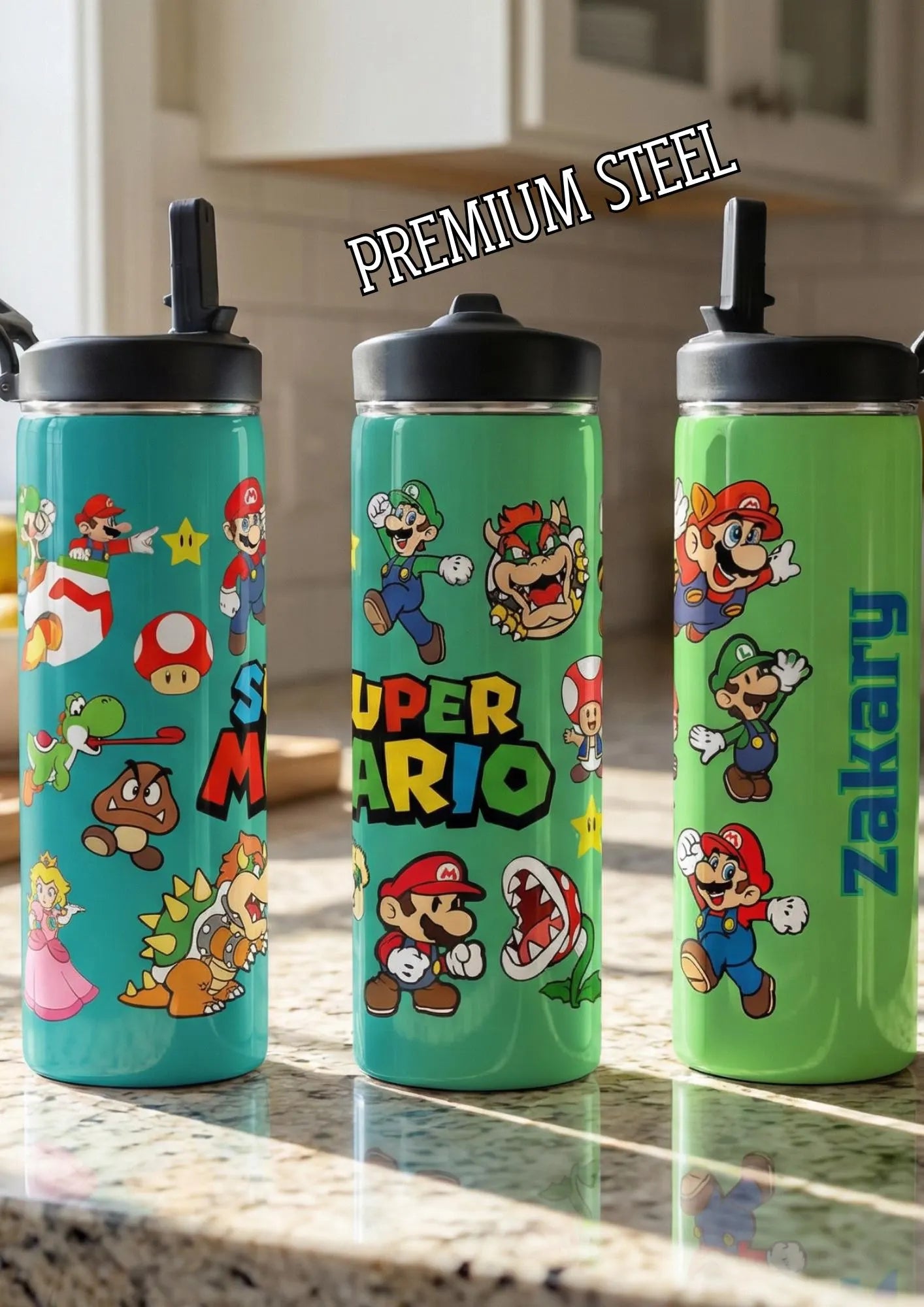 Personalised 20oz Kids Water Bottle Mario | Custom Name Stainless Steel Bottle