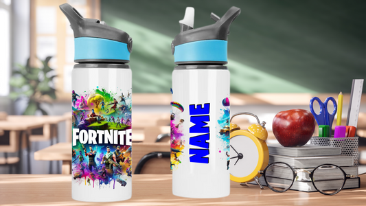 Kids water bottle | Button straw flip lid bottle | 650ml bottle | Gaming design | Coloured lid | Back to school | Any Name