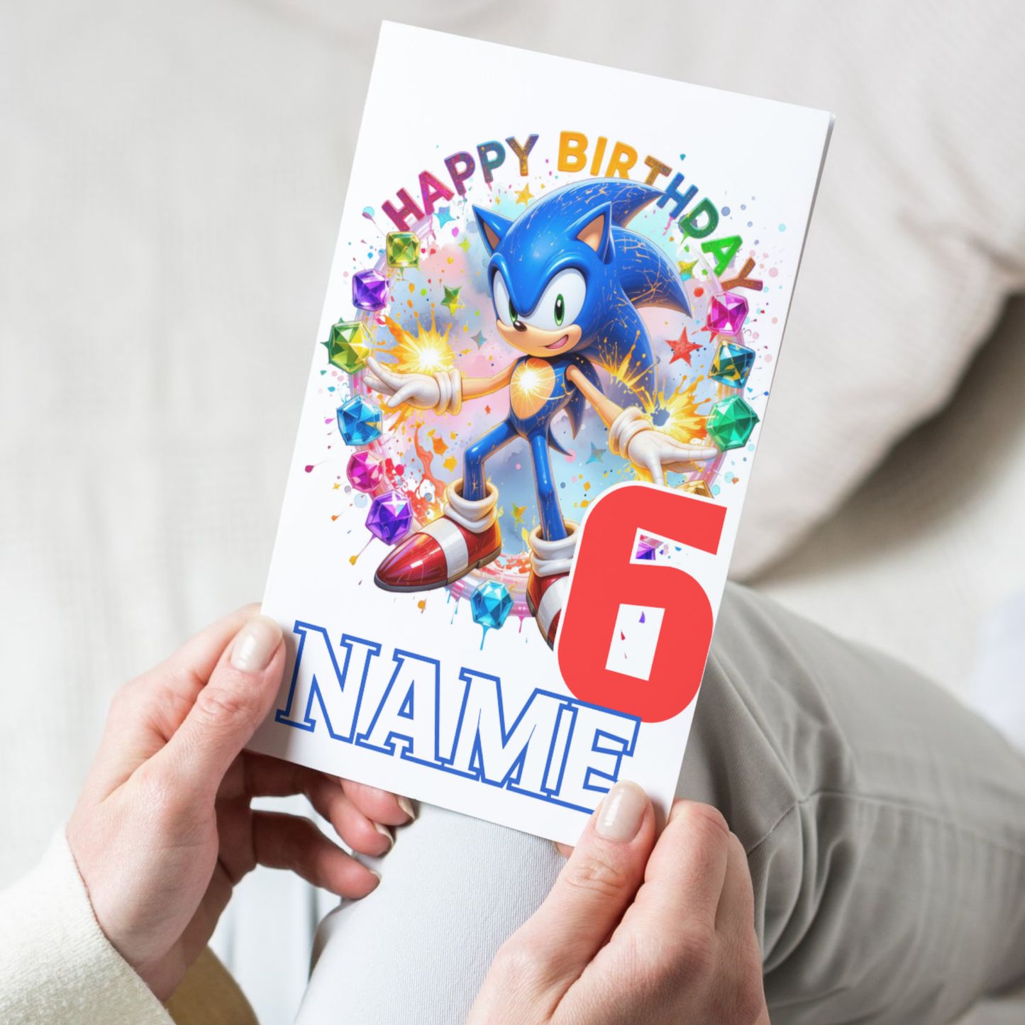 Sonic Themed Personalised Birthday Card for Kids – 20x15 cm (8x6 inches) – Custom Name & Age