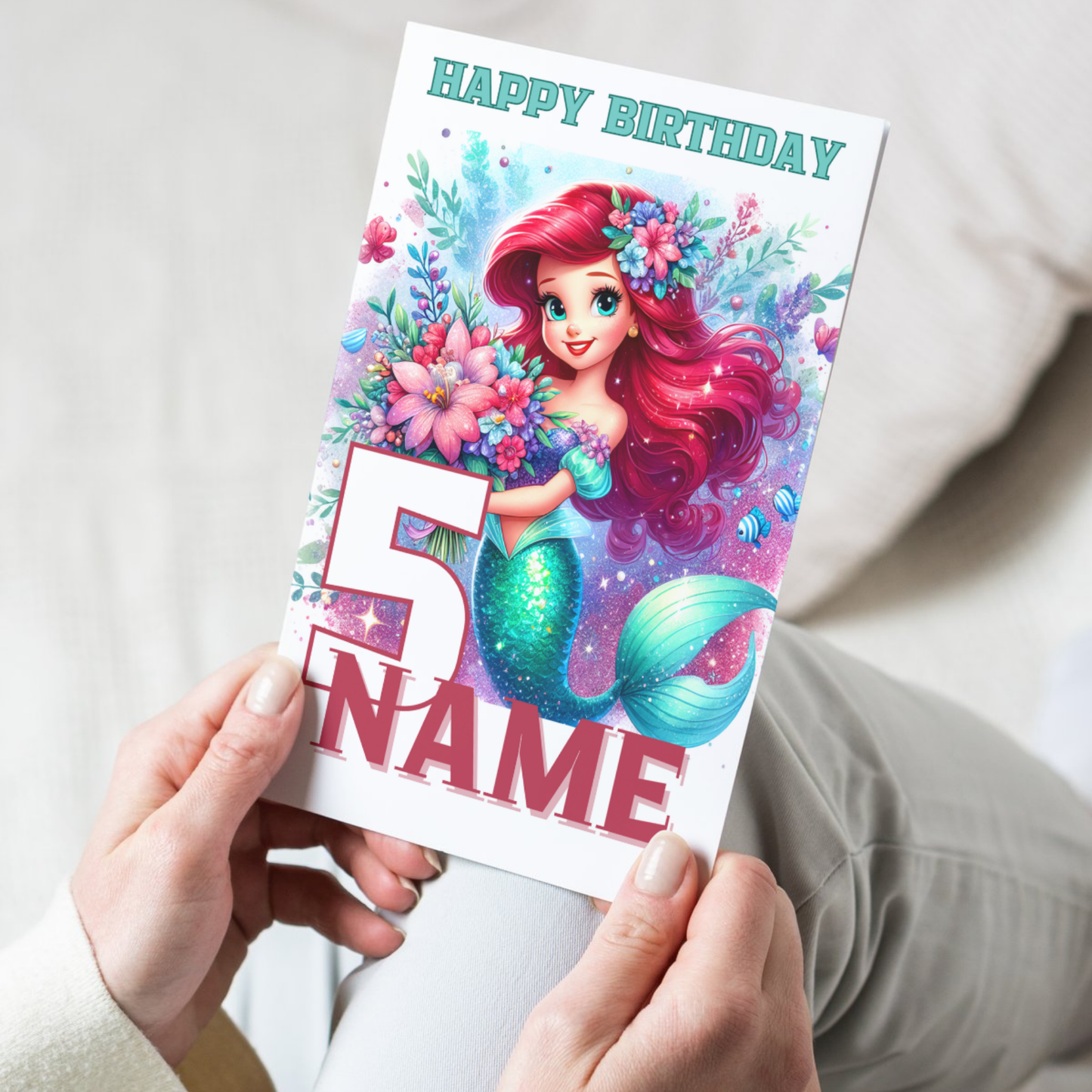 Personalised Mermaid Birthday Card – Custom Name & Age – 20x15cm (8x6 inches)