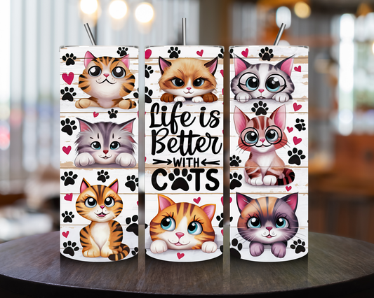 Cute Cat-Themed 20oz Skinny Tumbler with Straw - "Life is Better with Cats"