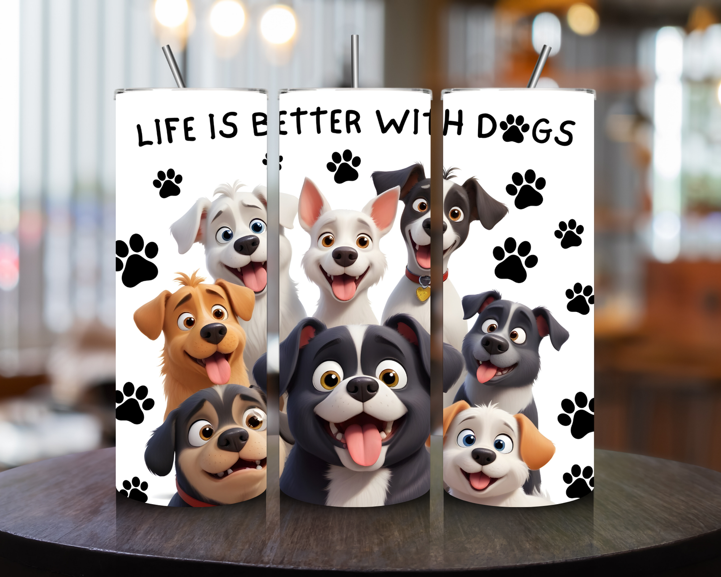 Cute Dog-Themed 20oz Skinny Tumbler with Straw - "Life is Better with Dogs"