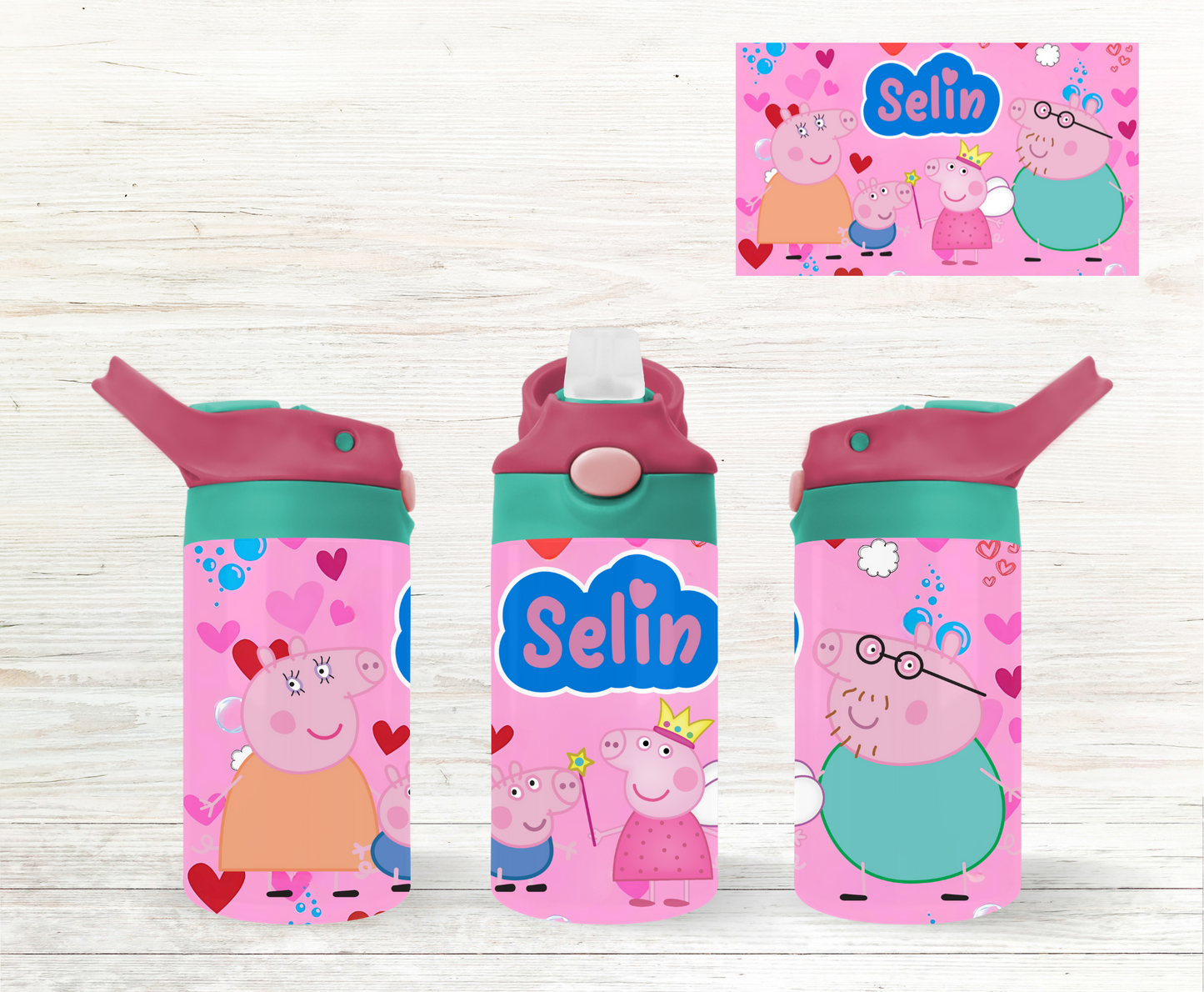 Personalised Peppa-Inspired Kids Water Bottle | 12oz Stainless Steel | Custom Name Gift | Back to Scool | Gift for Girls