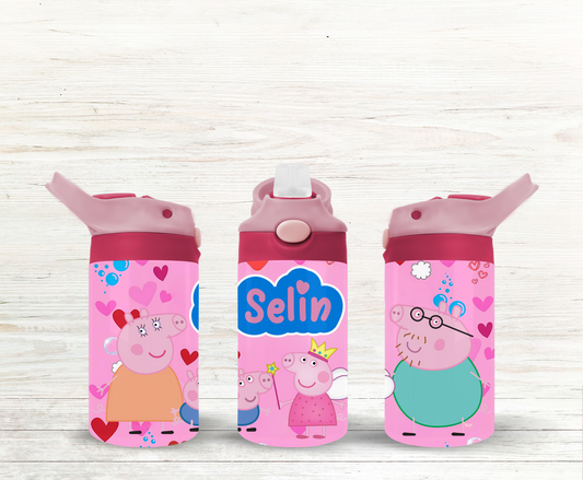 Personalised Peppa-Inspired Kids Water Bottle | 12oz Stainless Steel | Custom Name Gift | Back to Scool | Gift for Girls