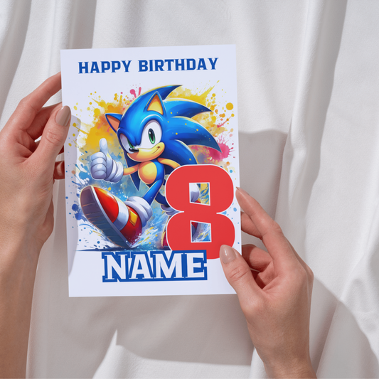 Sonic Themed Personalised Birthday Card for Kids – 20x15 cm (8x6 inches) – Custom Name & Age