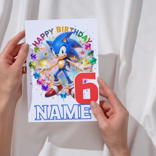 Sonic Themed Personalised Birthday Card for Kids – 20x15 cm (8x6 inches) – Custom Name & Age