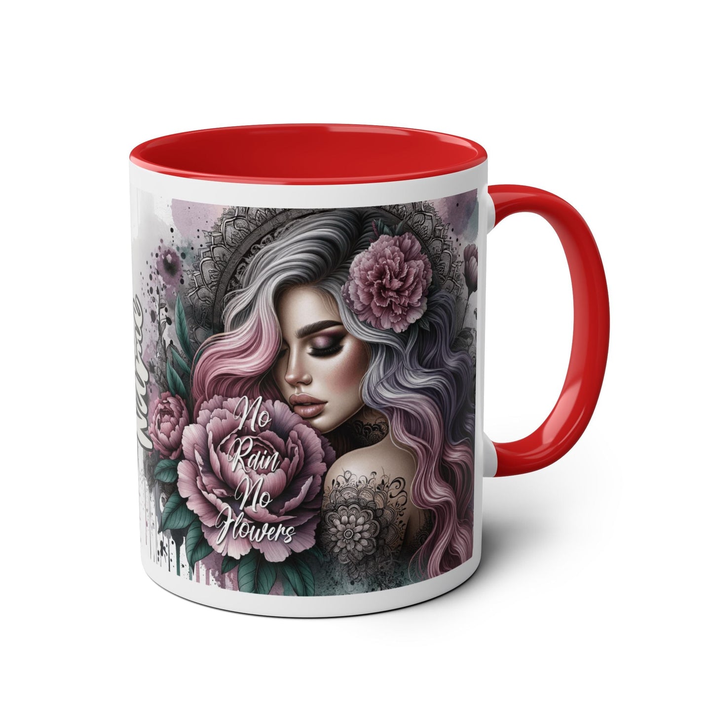 Custom Artistic Two-Tone Coffee Mug – "No Rain, No Flowers" Design