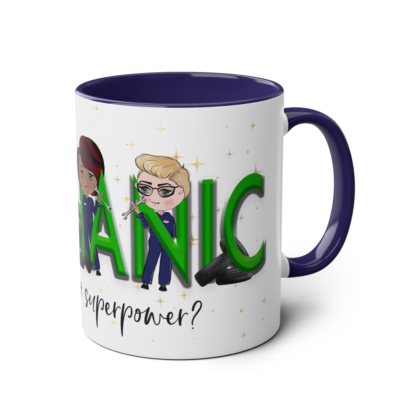 Personalised Mechanic Two-Tone Coffee Mug - Superpowers Theme - Perfect Gift for Mechanics