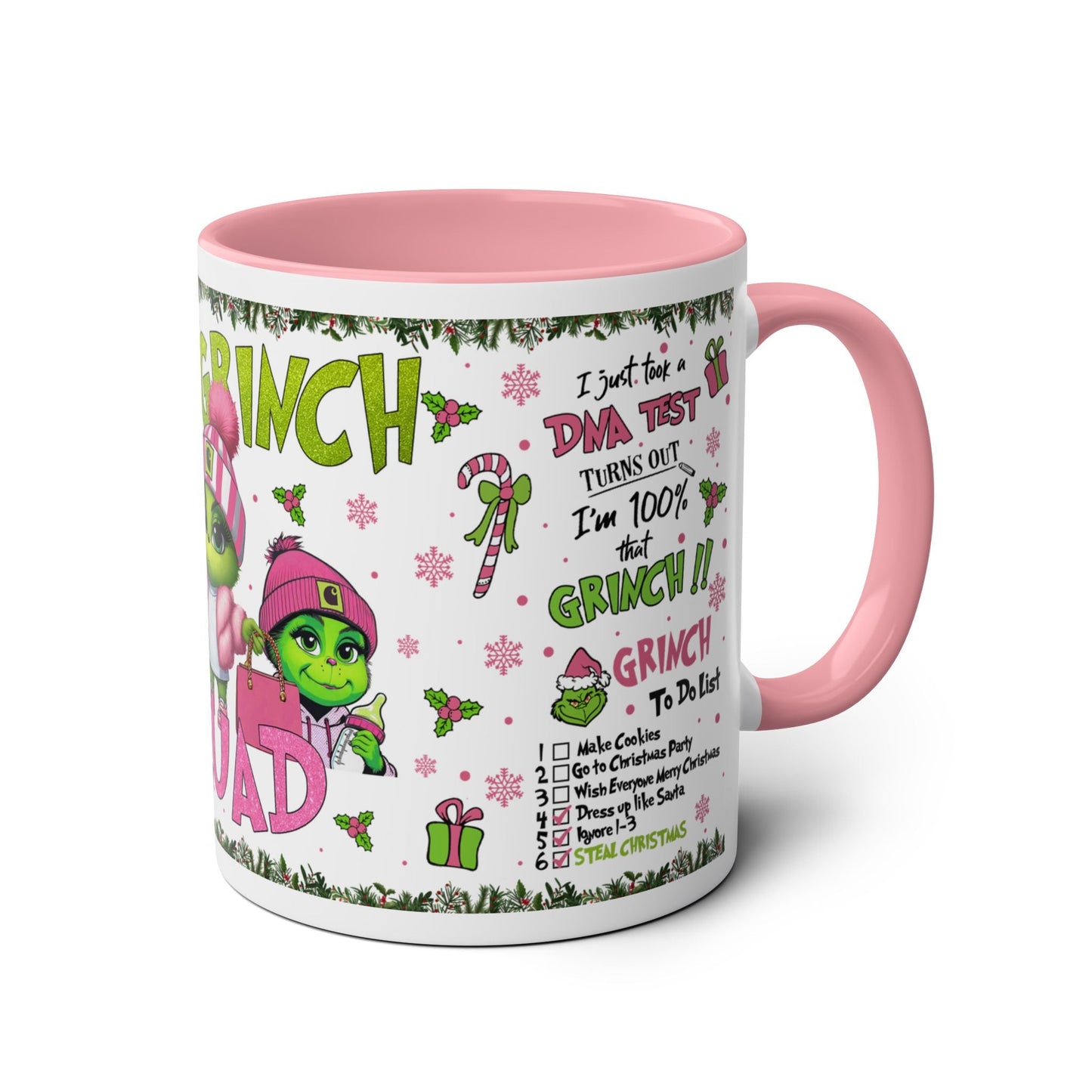 Holiday Themed Two-Tone Coffee Mug - Baby Grinch Squad Design, 11oz