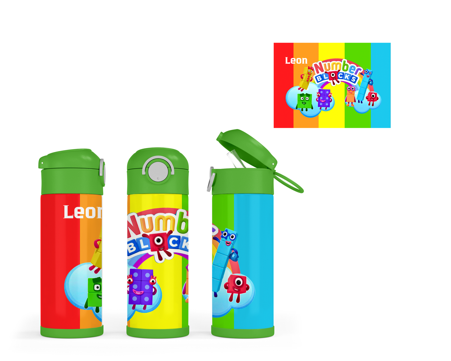 Personalised Kids Water Bottle – 12oz Stainless Steel | Colourful Number Characters | Custom Name | School Bottle