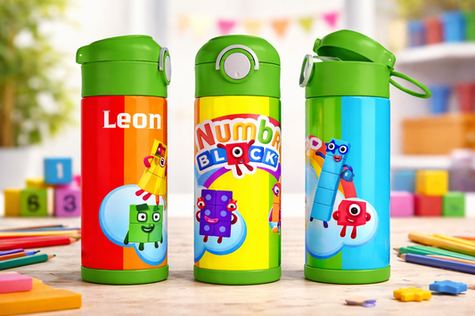 Personalised Kids Water Bottle – 12oz Stainless Steel | Colourful Number Characters | Custom Name | School Bottle