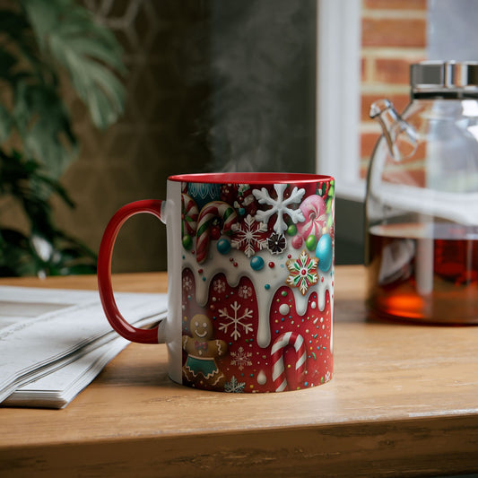 Festive Holiday Two-Tone Coffee Mug - 11oz Christmas Cheer with Gingerbread & Candy Design