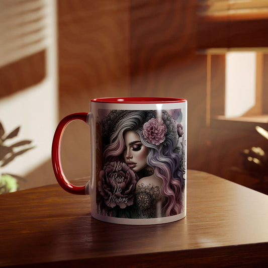 Custom Artistic Two-Tone Coffee Mug – "No Rain, No Flowers" Design