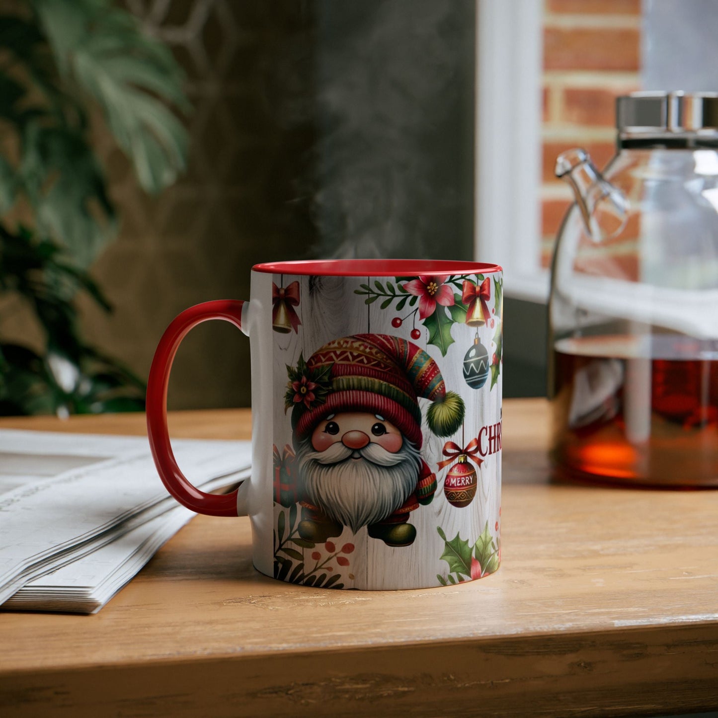 Festive Two-Tone Coffee Mug - Merry Christmas Gnome Design, 11oz