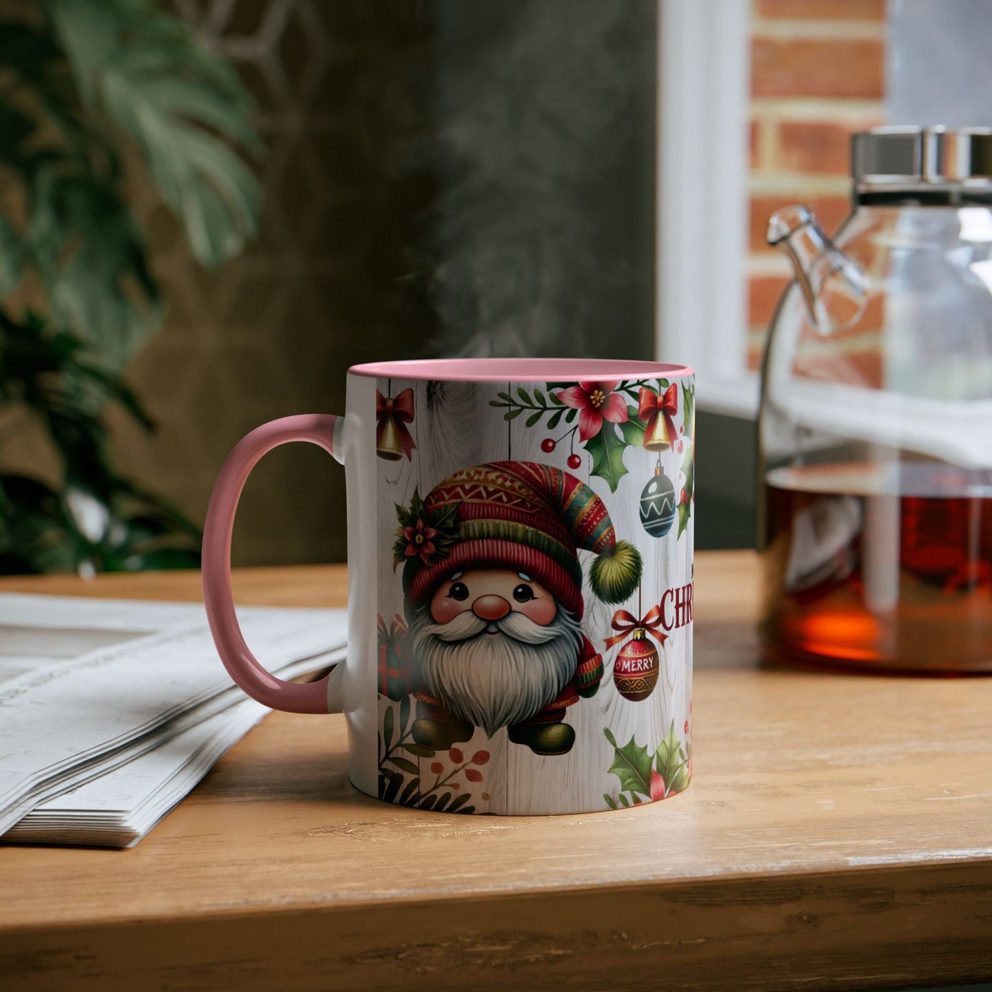 Festive Two-Tone Coffee Mug - Merry Christmas Gnome Design, 11oz