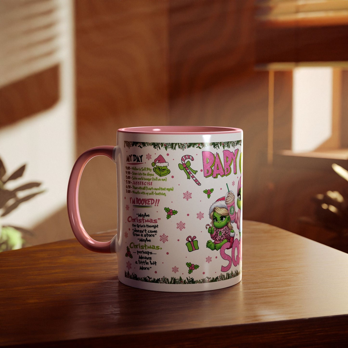 Holiday Themed Two-Tone Coffee Mug - Baby Grinch Squad Design, 11oz