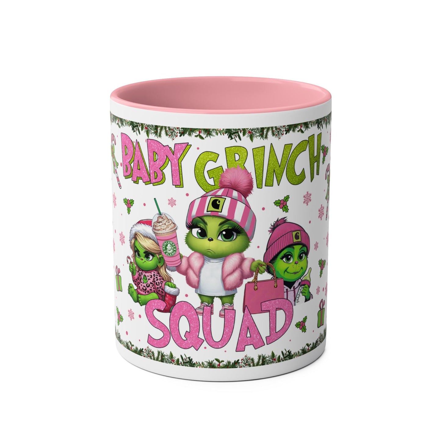 Holiday Themed Two-Tone Coffee Mug - Baby Grinch Squad Design, 11oz