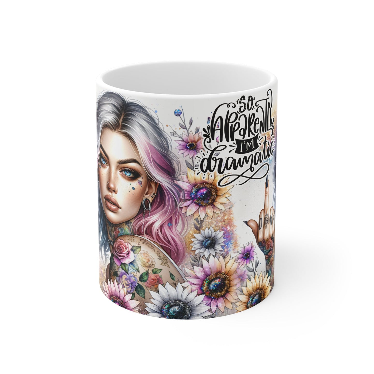 Dramatic Floral Art Mug - 11oz White Coffee Cup for Bold Aesthetics