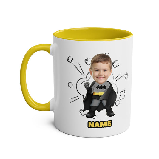 Personalied Superhero Mug for Kids - Custom Name & Fun Batman Design Your Photo Face Caricature