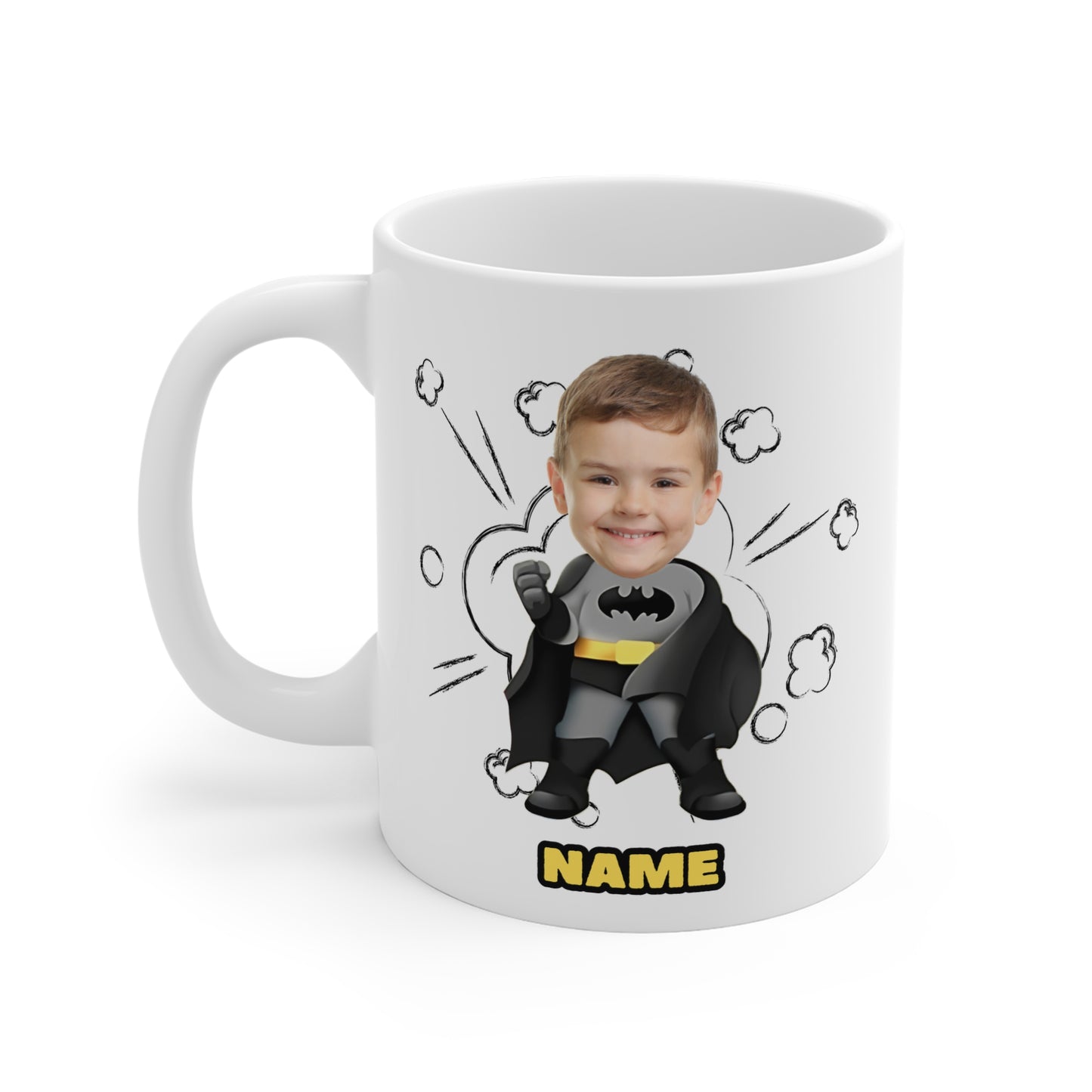 Personalied Superhero Mug for Kids - Custom Name & Fun Batman Design Your Photo Face Caricature