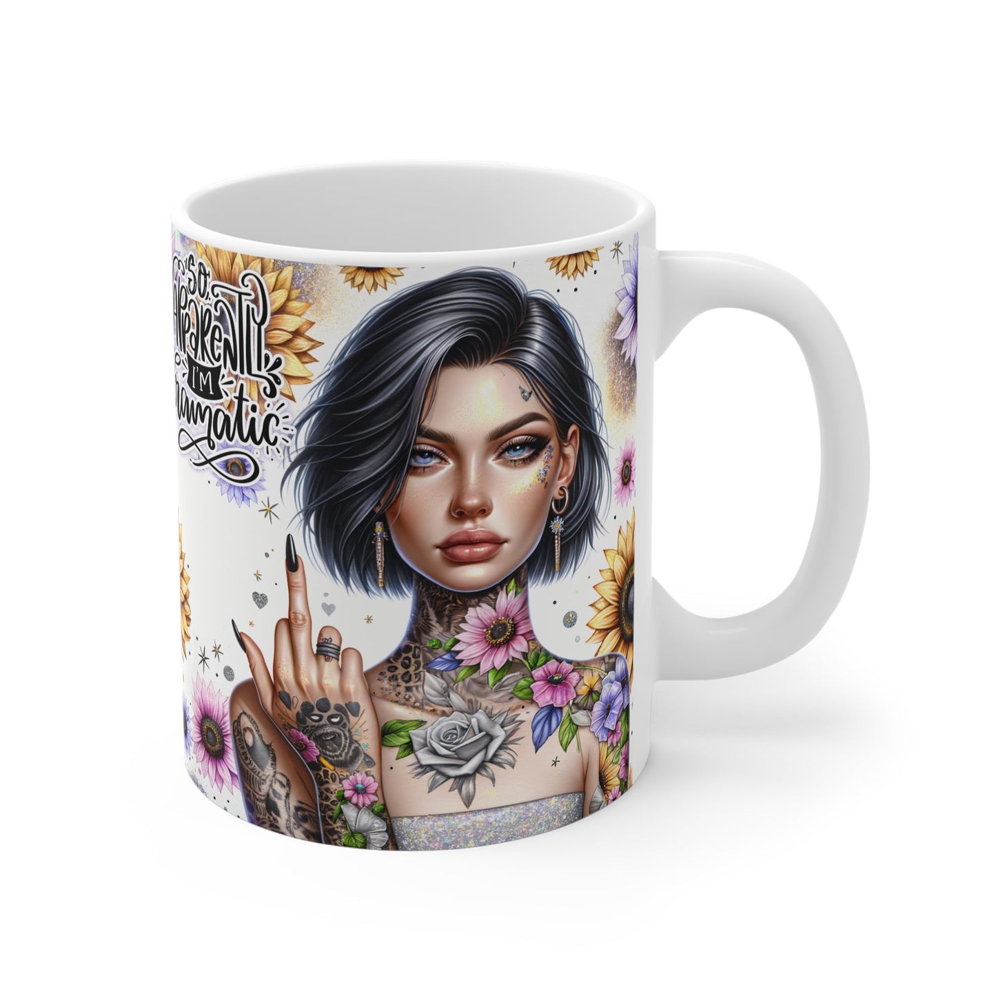 Dramatic Floral Art Mug - 11oz White Coffee Cup for Bold Individuals