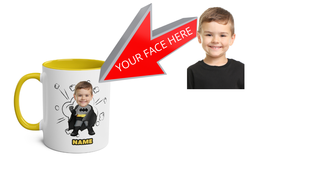 Personalied Superhero Mug for Kids - Custom Name & Fun Batman Design Your Photo Face Caricature