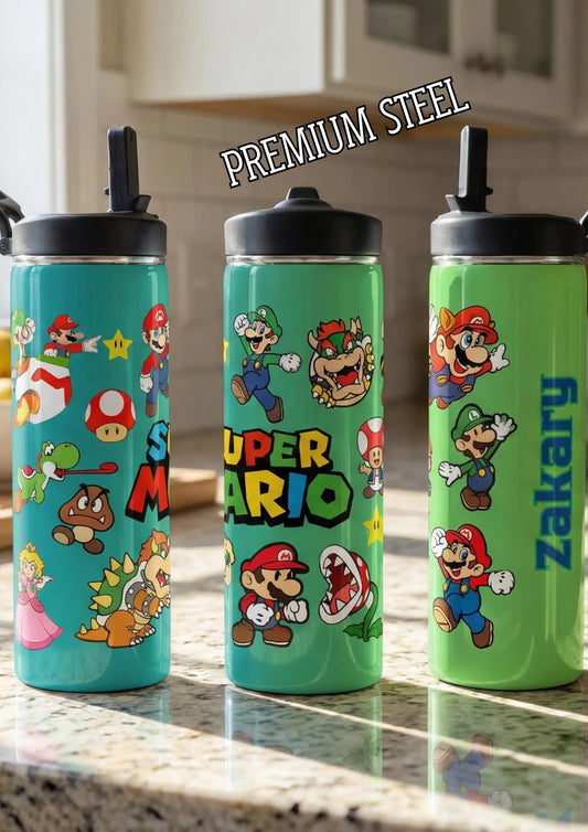 Personalised 20oz Kids Water Bottle Mario | Custom Name Stainless Steel Bottle